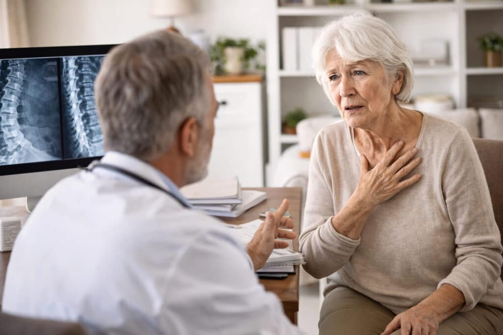 Oudere vrouw met osteoporose in gesprek met arts tijdens consult, met röntgenfoto van de wervelkolom op de achtergrond