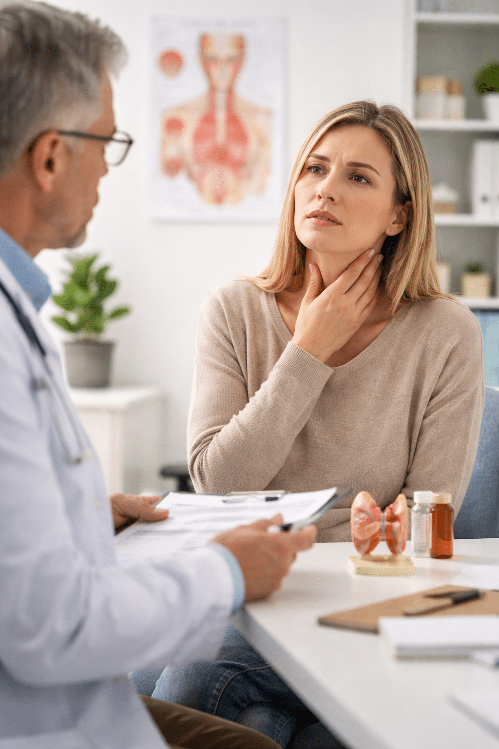 Vrouw met schildklierklachten in gesprek met een medisch specialist tijdens een consult op de polikliniek.