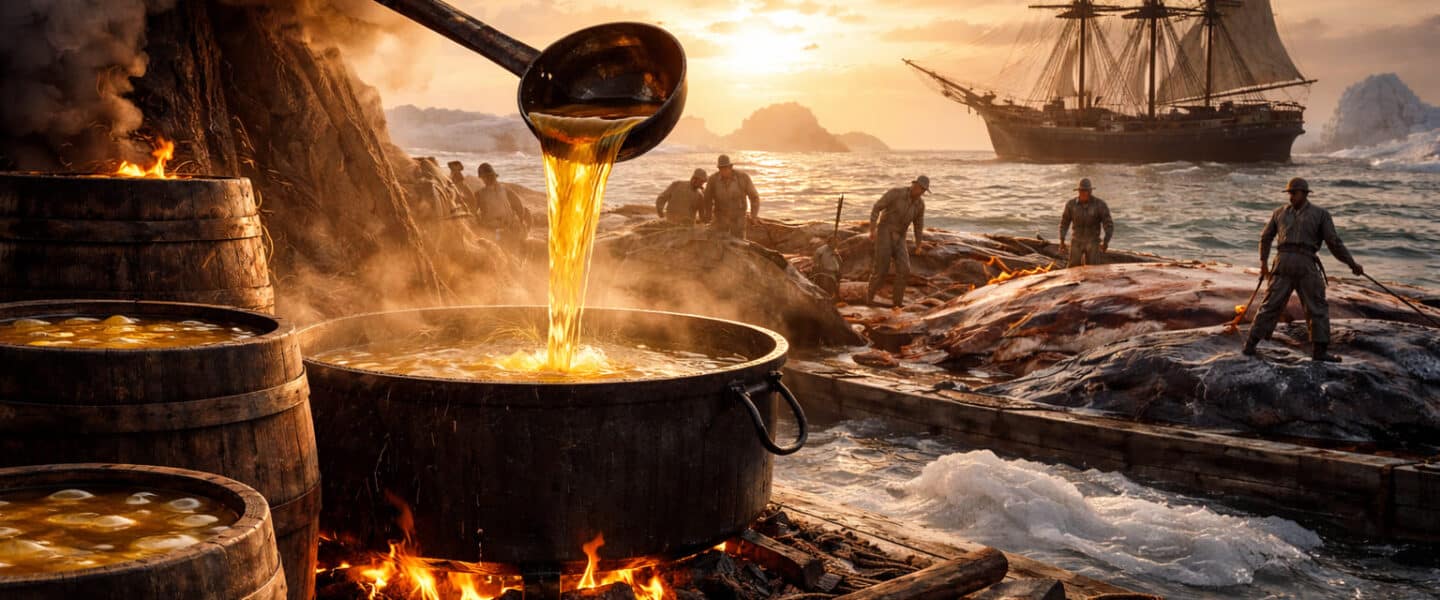 Historische walvisvaart in de 19e eeuw waarbij walvistraan wordt gekookt in grote ketels op een houten dek, met een zeilschip en ijsbergen op de achtergrond.