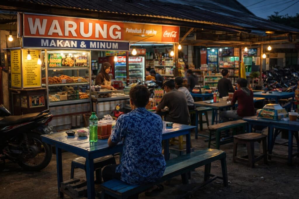 Brede avondfoto van een Indonesische warung in Pontianak, met plastic tafels en banken, etende bezoekers, een vrouw achter de toonbank, flessen drank en snacks, motoren langs de straat en warm kunstlicht onder een eenvoudig afdak.