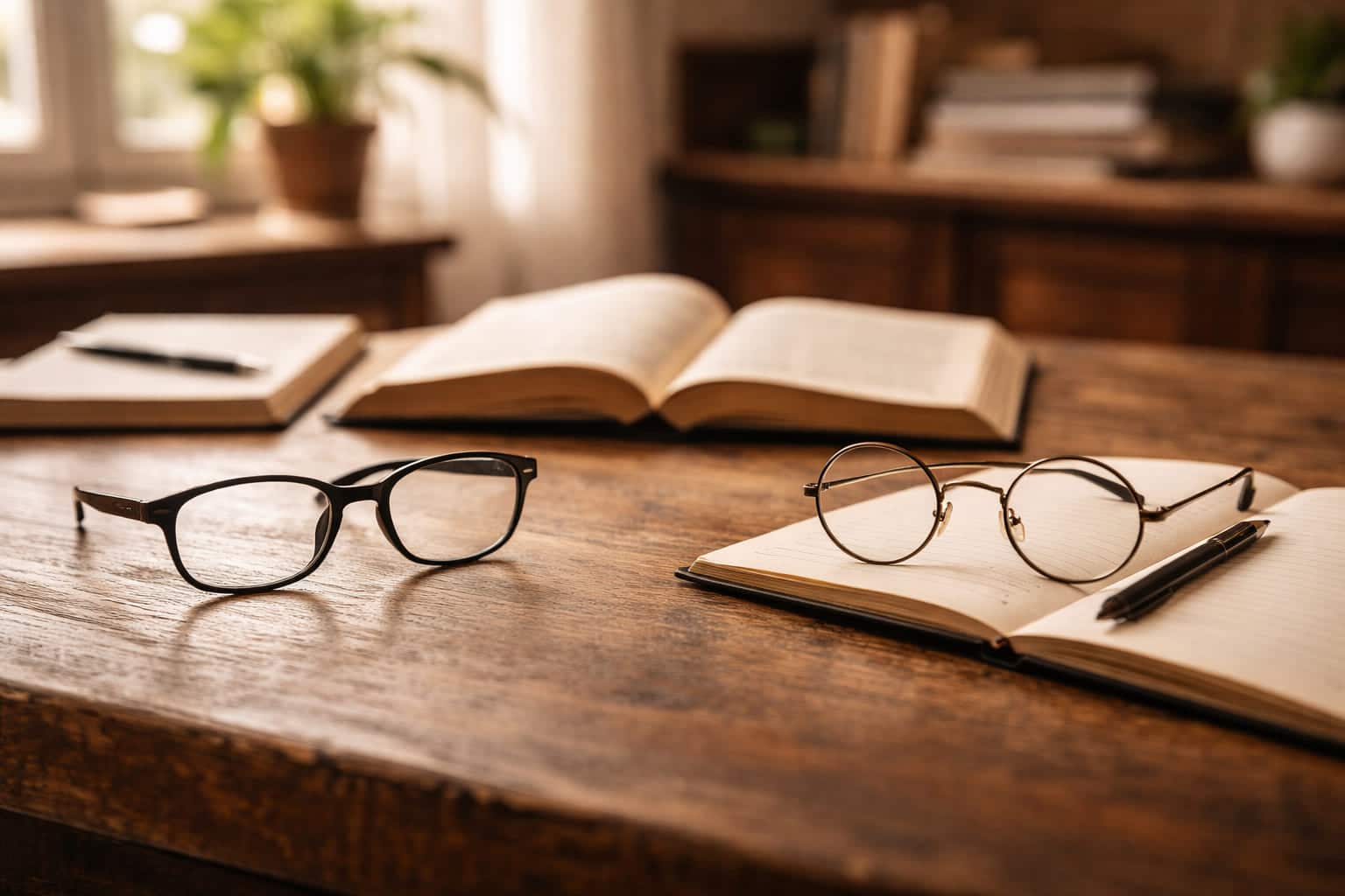Twee verschillende brillen op een houten tafel naast een open boek en notitieblok, als symbool voor uiteenlopende wereldbeelden die dezelfde werkelijkheid anders lezen.