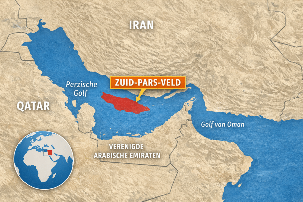 Kaart van de Perzische Golf met het Zuid-Pars-gasveld in rood gemarkeerd tussen Iran en Qatar, inclusief omliggende landen en zeeën.