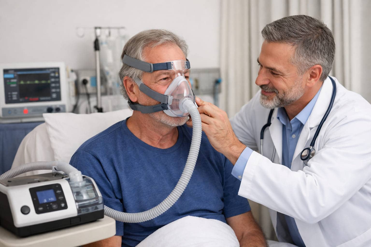 Arts plaatst een BiPAP-masker bij oudere patiënt in ziekenhuisbed terwijl het beademingsapparaat zichtbaar aangesloten is.