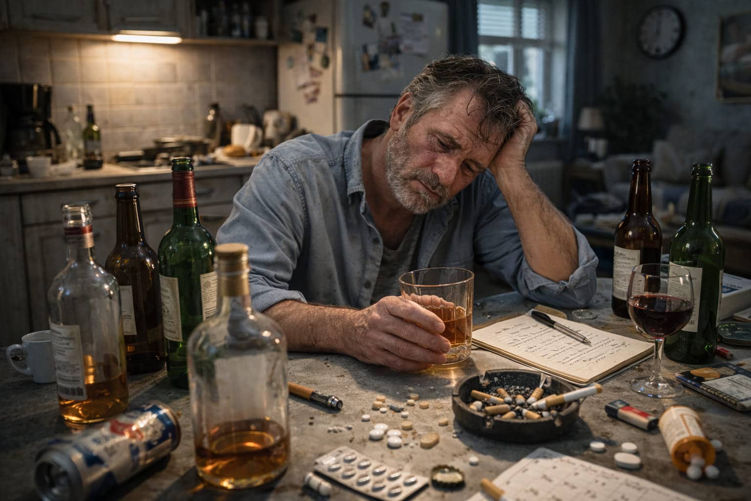 Man zit vermoeid aan een keukentafel met meerdere lege alcoholflessen en een glas drank voor zich.
