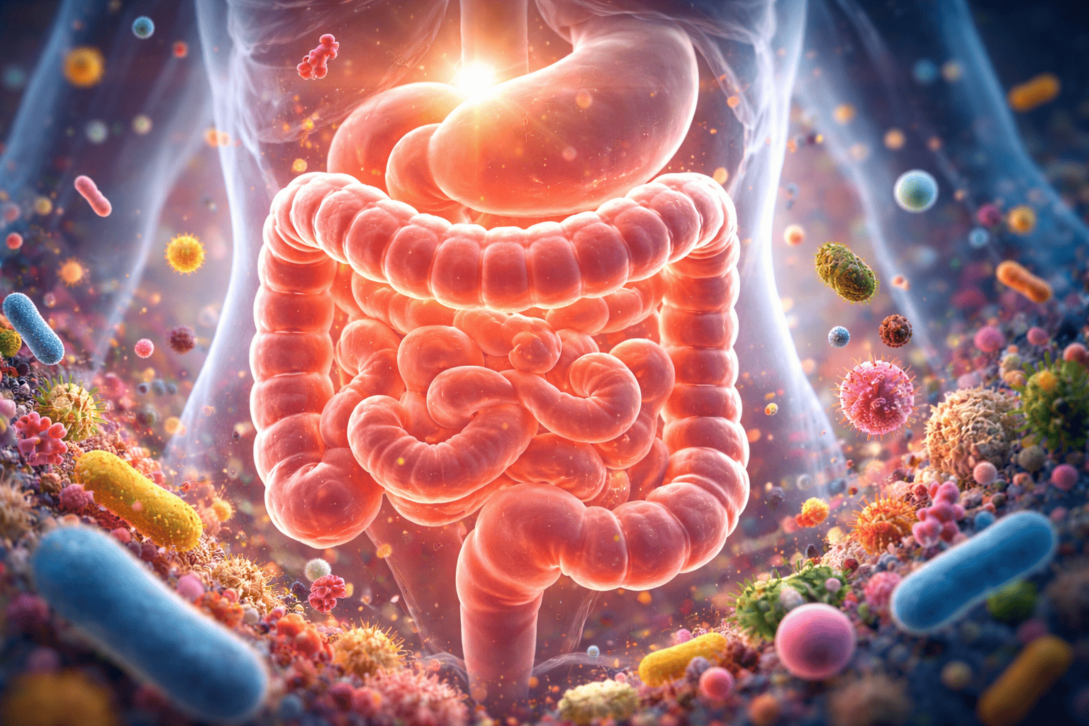 Illustratie van de menselijke darmen met daaromheen het darmmicrobioom, bestaande uit verschillende bacteriën en micro-organismen die de darmgezondheid beïnvloeden.