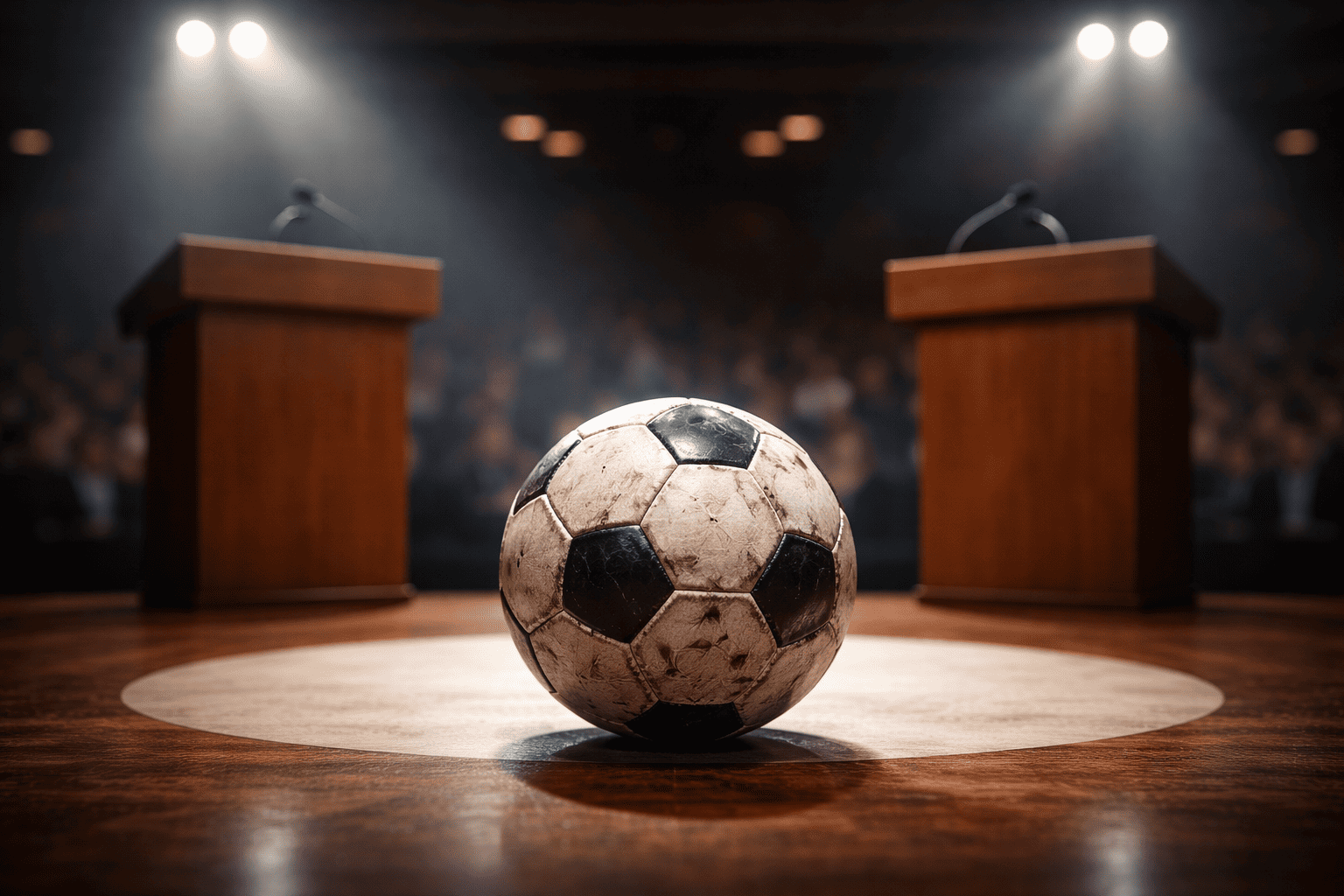 Een versleten voetbal ligt centraal op een debatpodium tussen twee lessenaren, symbool voor de verschuiving van de vraag naar overtuiging terug naar degene die het criterium hanteert.
