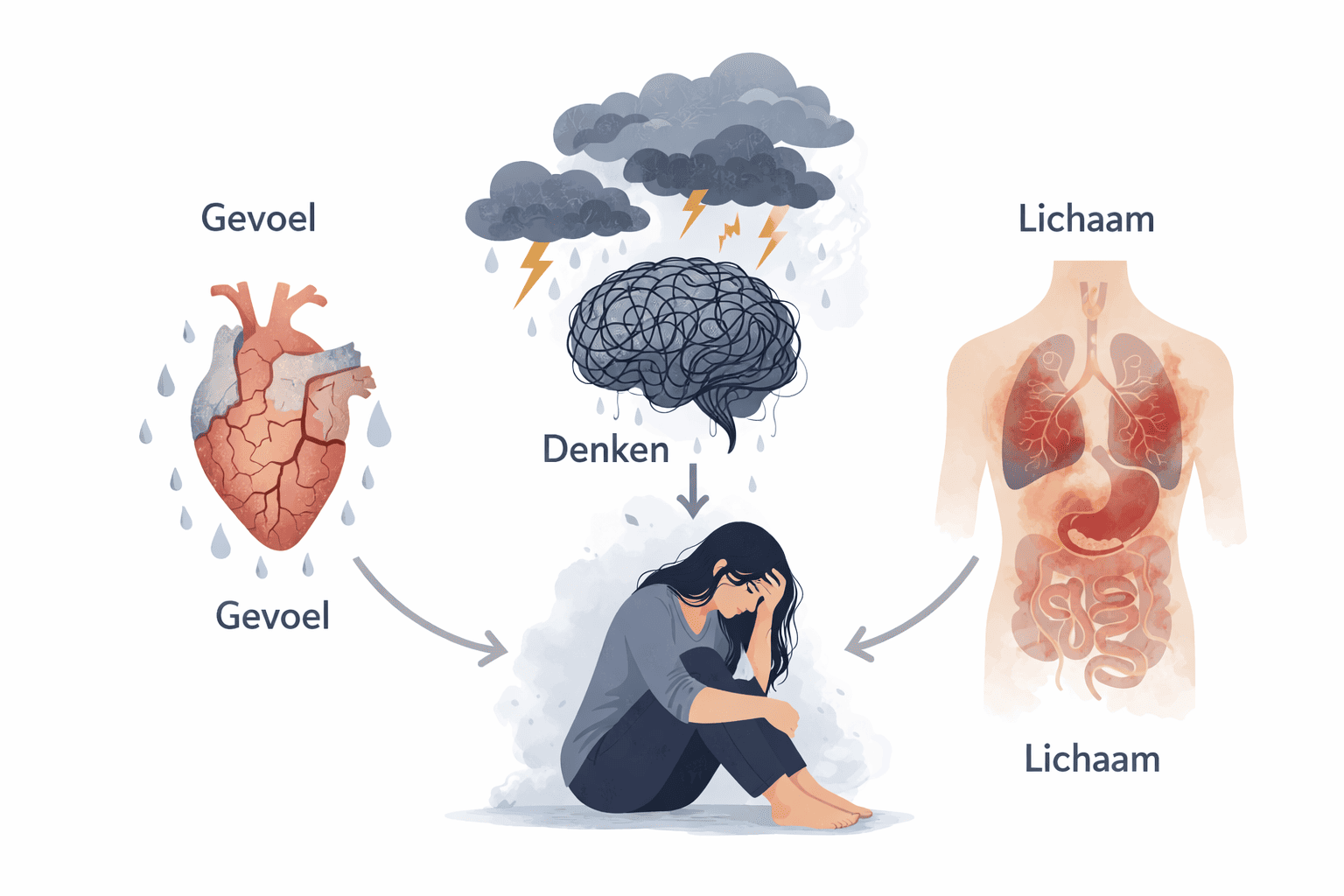 Illustratie die laat zien hoe depressie het gevoel, het denken en het lichaam tegelijk beïnvloedt, met een gebroken hart, een overbelast brein en lichamelijke klachten rond organen.