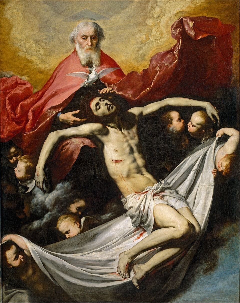 Schilderij van José de Ribera waarop God de Vader het gestorven lichaam van Christus ondersteunt, met de Heilige Geest als duif tussen hen in