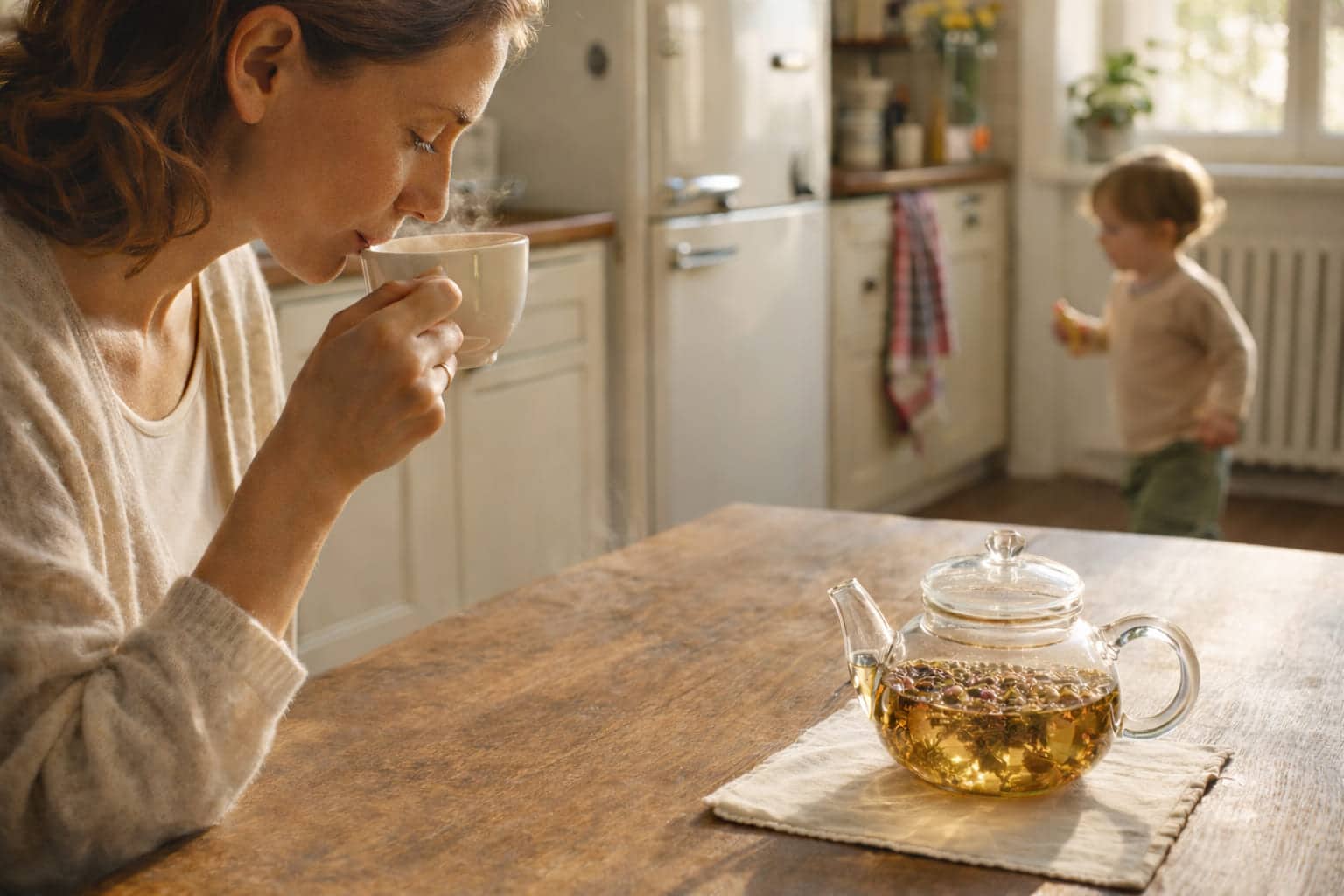 Vrouw drinkt duizendguldenkruidthee aan een houten keukentafel in een warme, licht retro keuken, terwijl een jong kind op de achtergrond rondloopt.