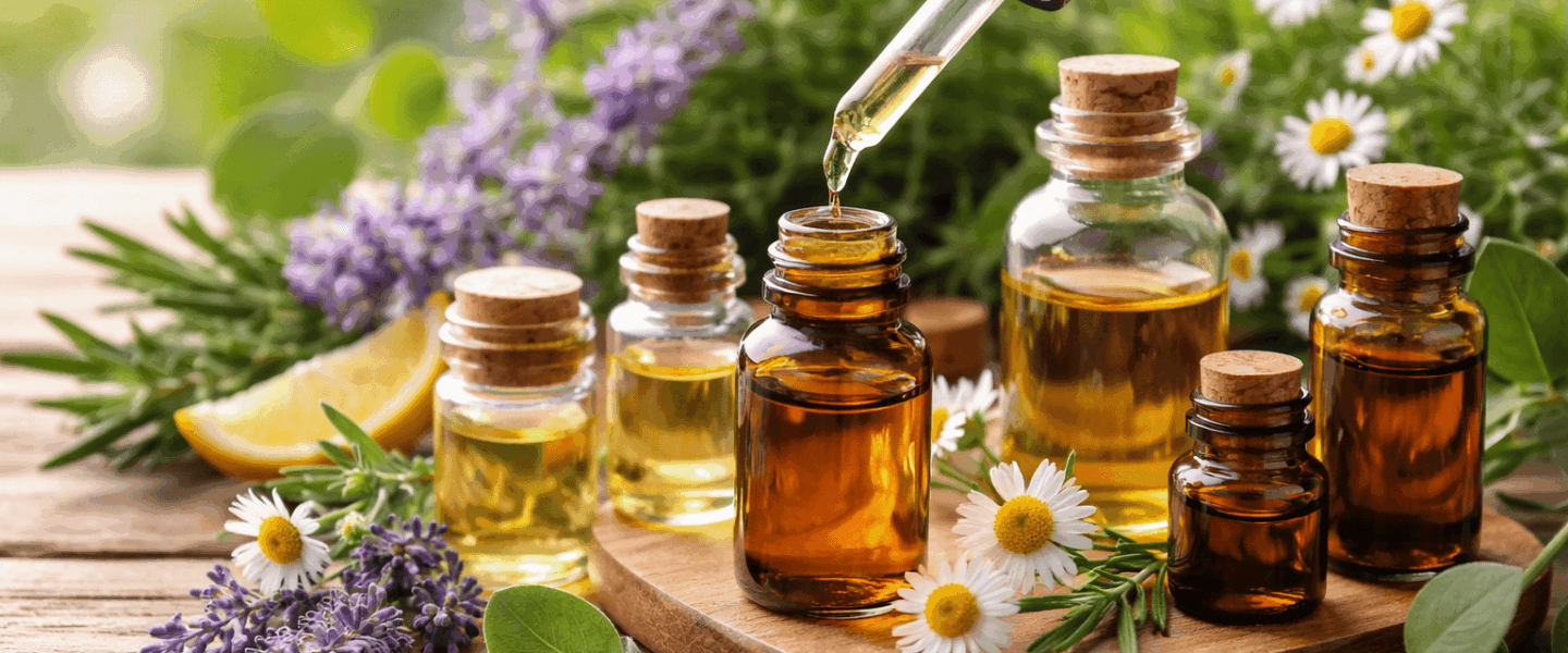 Flesjes met etherische oliën en verse kruiden op een houten tafel, met een pipet waar olie uit druppelt.