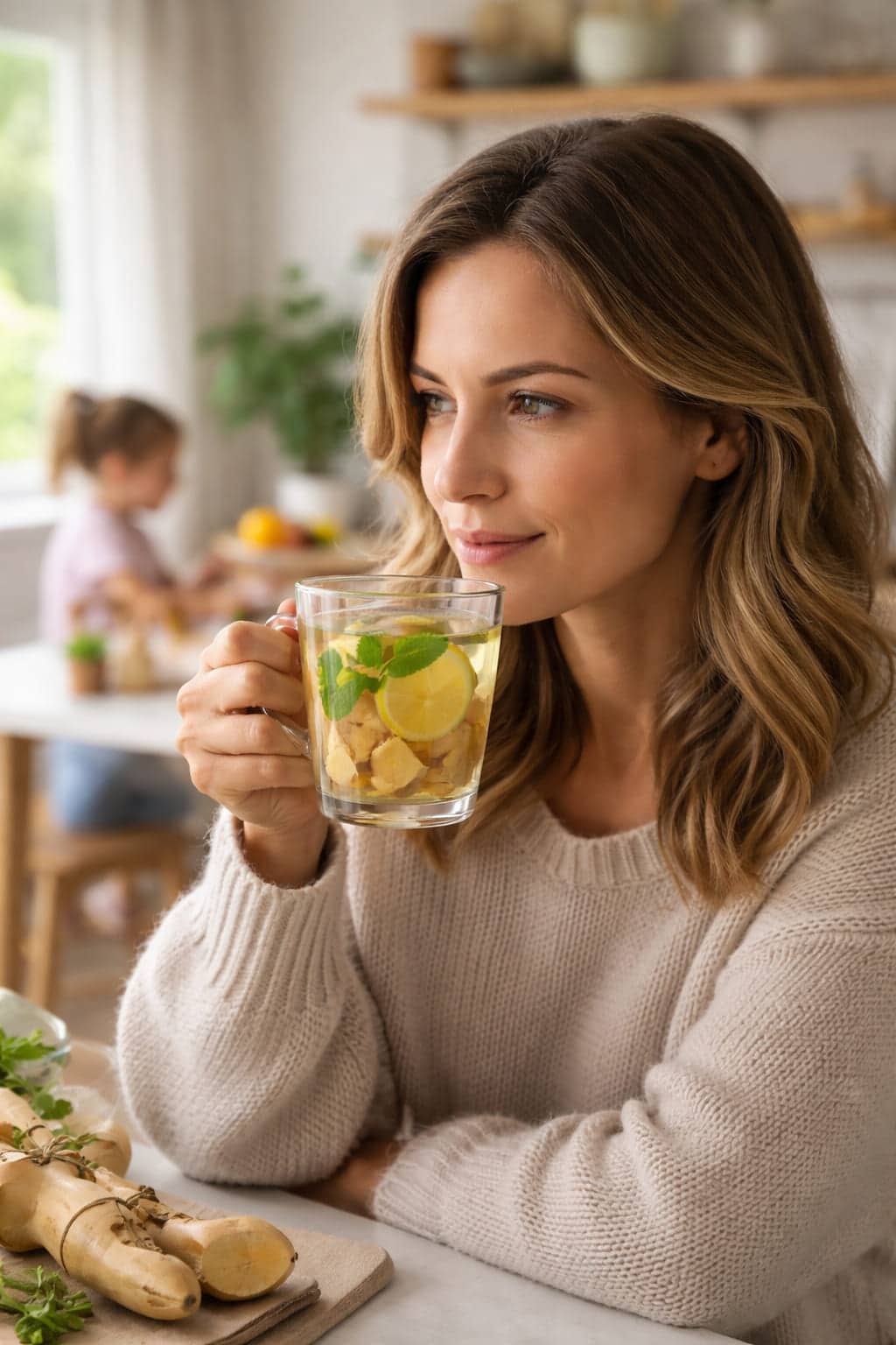 Vrouw drinkt verse gemberthee in lichte keuken terwijl kind op de achtergrond speelt
