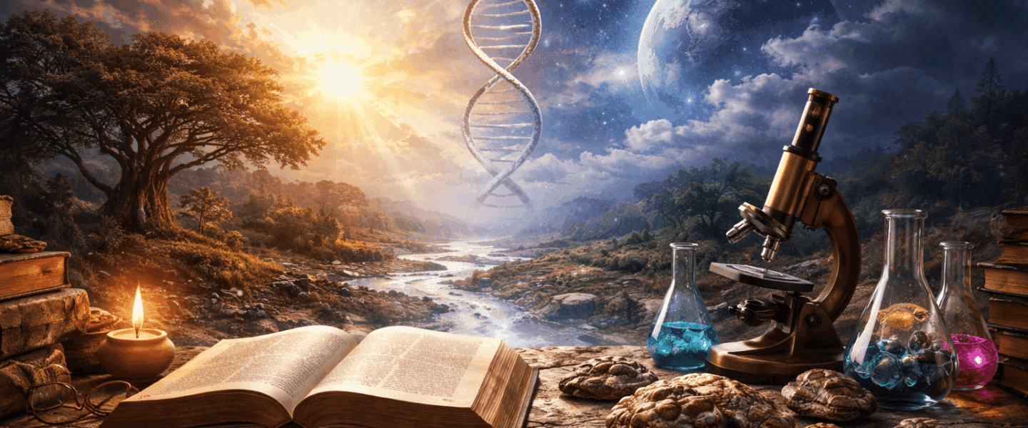 Open Bijbel en brandende olielamp links, microscoop en laboratoriumglaswerk rechts, onder een hemel met sterren en een grote DNA-helix boven een rivierlandschap bij zonsopkomst.