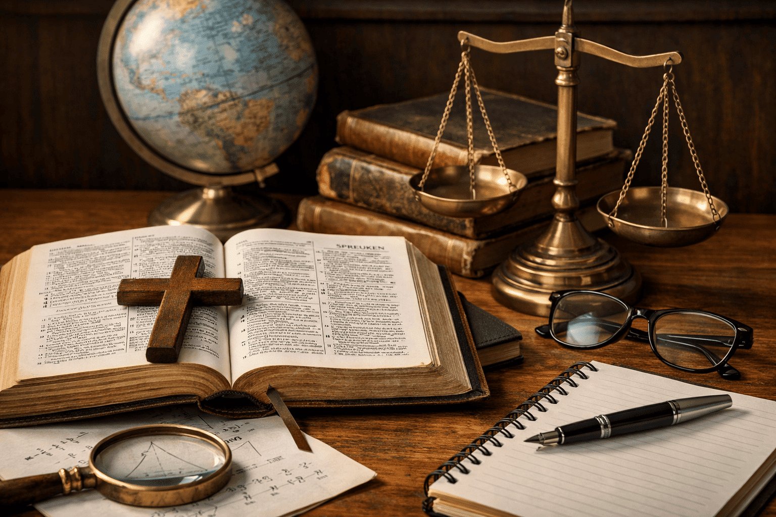 Open Bijbel met houten kruis op bureau, naast weegschaal, globe, boeken, notitieblok en vergrootglas als symbolen van geloof en kennis.