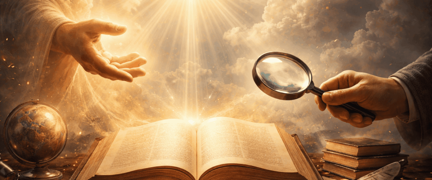 Open Bijbel in warm licht met uitgestrekte hand en vergrootglas erboven, symbool voor goddelijke en menselijke kennis.