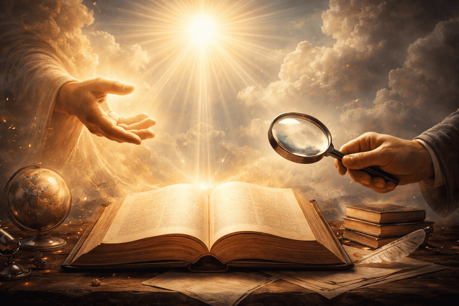 Open Bijbel in warm licht met uitgestrekte hand en vergrootglas erboven, symbool voor goddelijke en menselijke kennis.