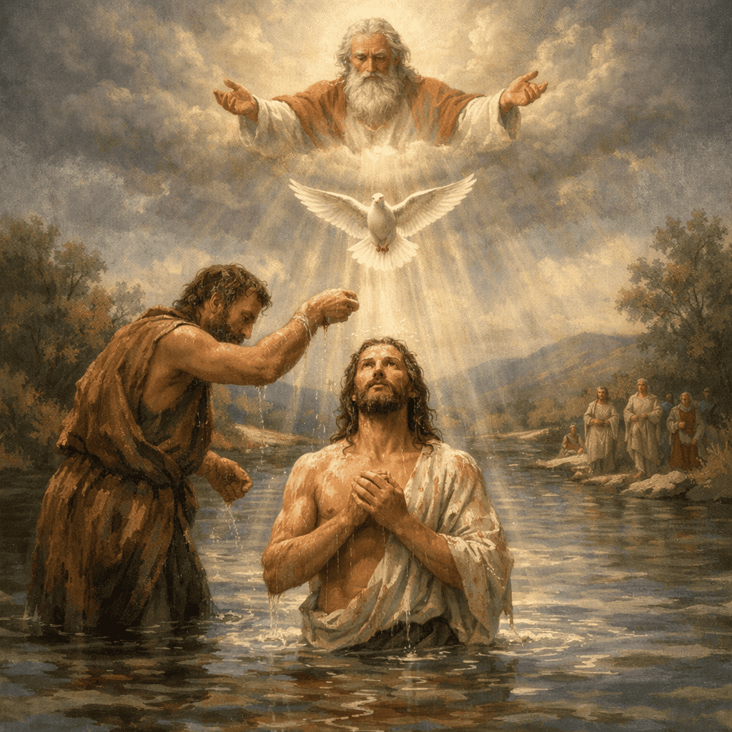 Doop van Jezus in de Jordaan waarbij de Heilige Geest als duif neerdaalt en de Vader vanuit de hemel spreekt