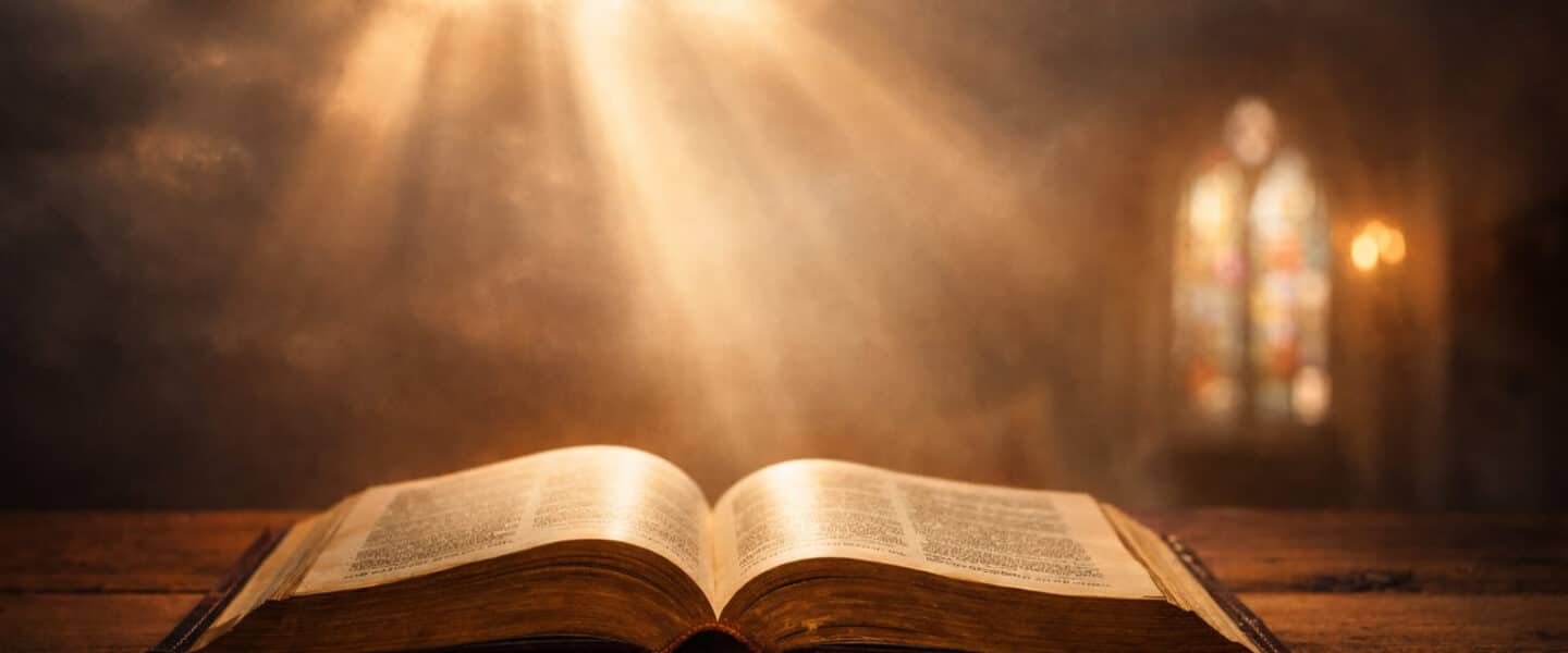 Open Bijbel op houten tafel met lichtstralen die van bovenaf op de pagina’s vallen in een kerkinterieur