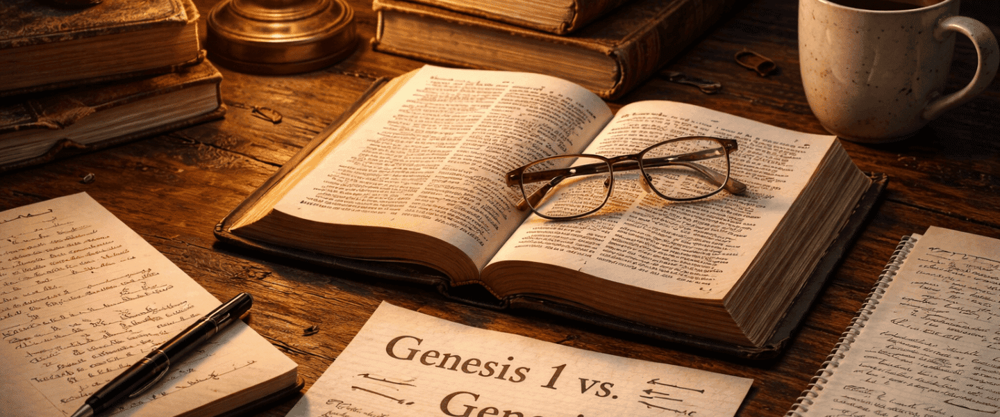 Artistieke, warme tafelscène met een open Bijbel op een houten bureau, omringd door oude boeken, notities, bril en een brandende lamp; sfeer van studie en theologisch debat.