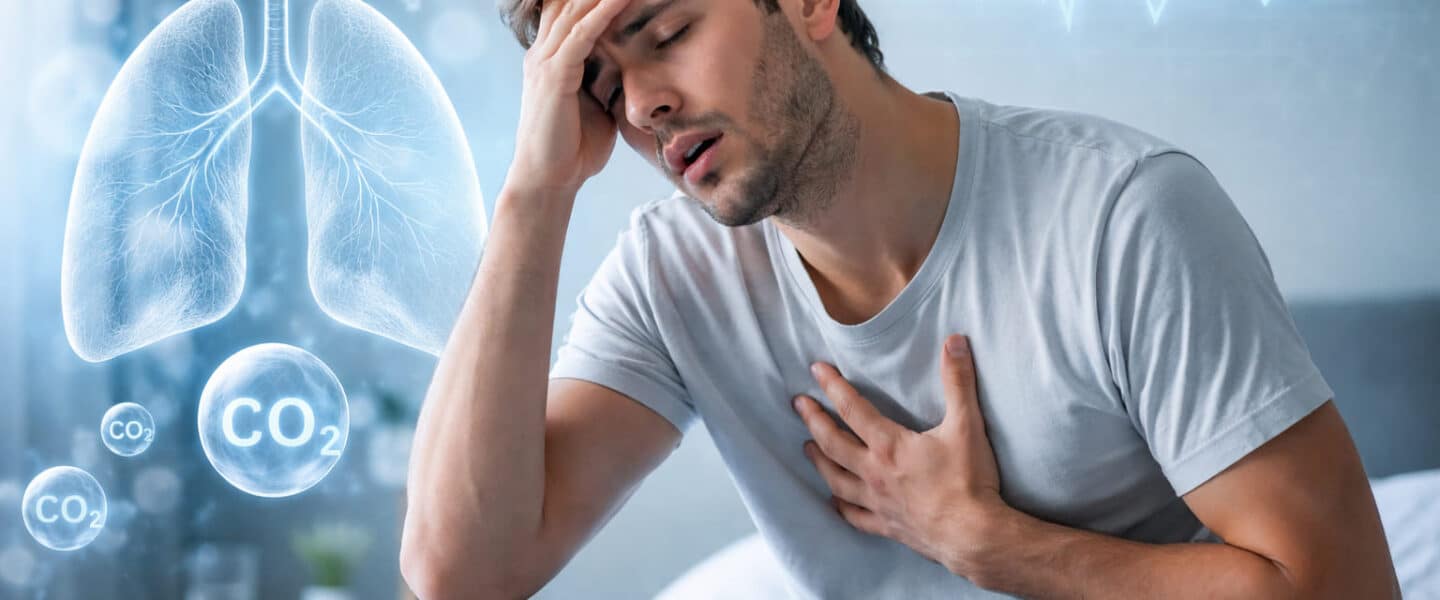 Man zit ’s ochtends op bed met hand tegen zijn hoofd en hand op de borst, zichtbaar benauwd, met medische illustratie van longen en CO₂ op de achtergrond.