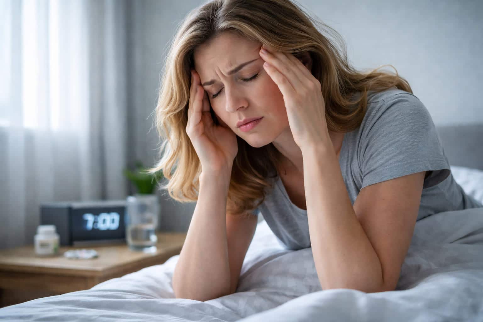 Vrouw zit ’s ochtends rechtop in bed met handen tegen haar slapen, zichtbaar last van drukkende hoofdpijn bij het ontwaken.