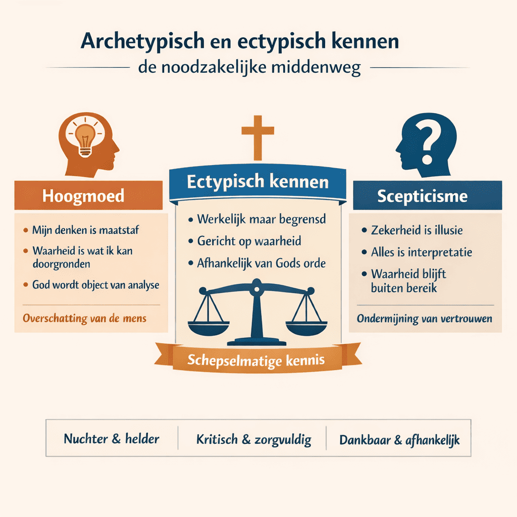 Infographic over archetypisch en ectypisch kennen met de titel “de noodzakelijke middenweg”, waarin hoogmoed en scepticisme worden afgezet tegen schepselmatige kennis, weergegeven met een weegschaal en kruis.