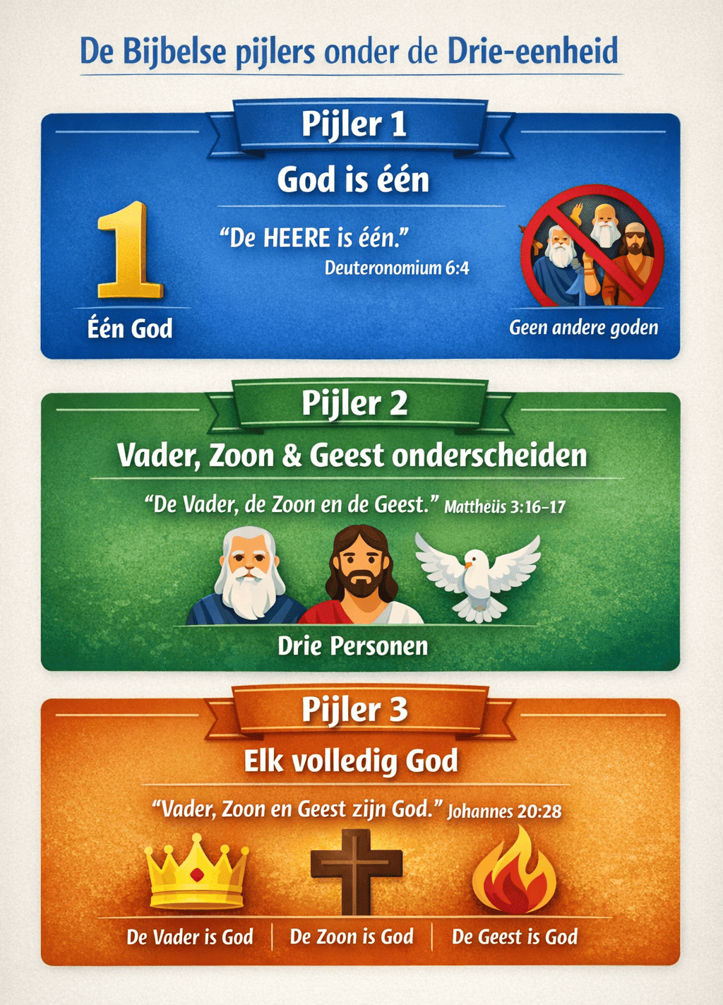 Infographic met drie Bijbelse pijlers onder de Drie-eenheid: God is één, Vader Zoon en Geest zijn onderscheiden, en elk is volledig God, met verwijzingen naar Deuteronomium 6:4 en Mattheüs 3:16-17.