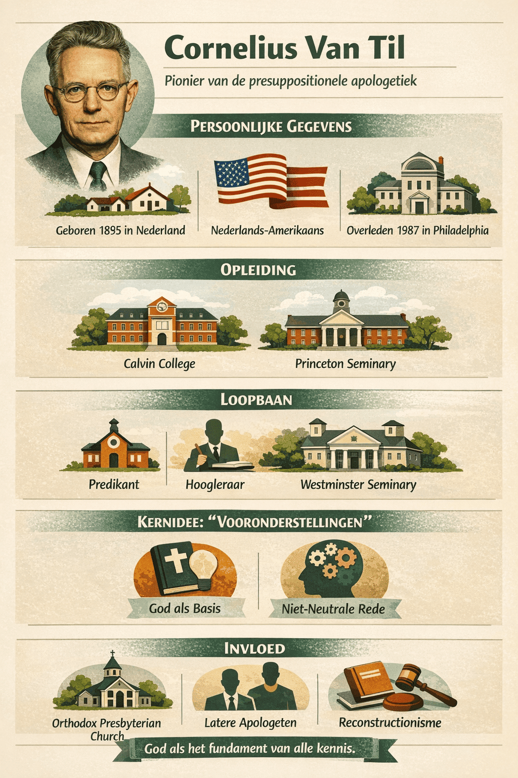 Infographic over Cornelius van Til met portret en kerngegevens over zijn leven, opleiding, loopbaan en presuppositionalistische apologetiek, in groen-beige vintage stijl.