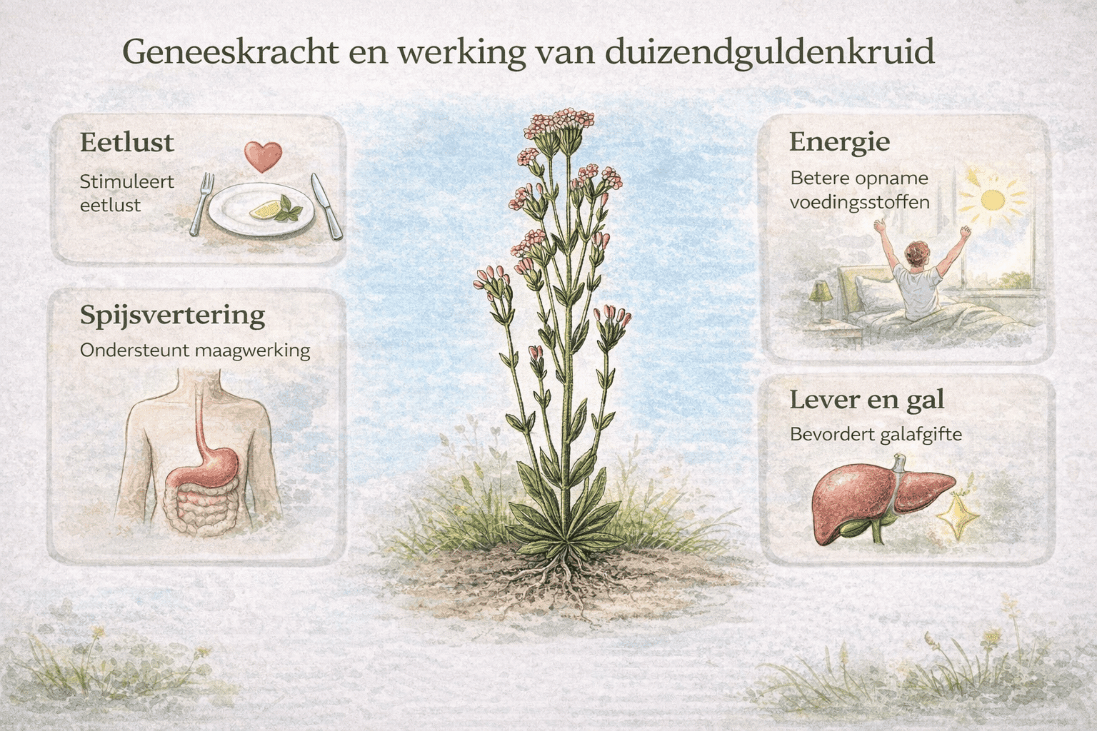 Infographic over de geneeskracht en werking van duizendguldenkruid, met focus op eetlust, spijsvertering, lever en gal en ondersteuning van de energiehuishouding.