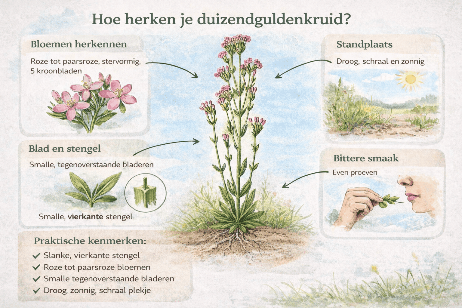 Infographic die laat zien hoe je duizendguldenkruid herkent, met onder meer de slanke, vierkante stengel, roze tot paarsroze bloemen, smalle tegenoverstaande bladeren en de typische standplaats.