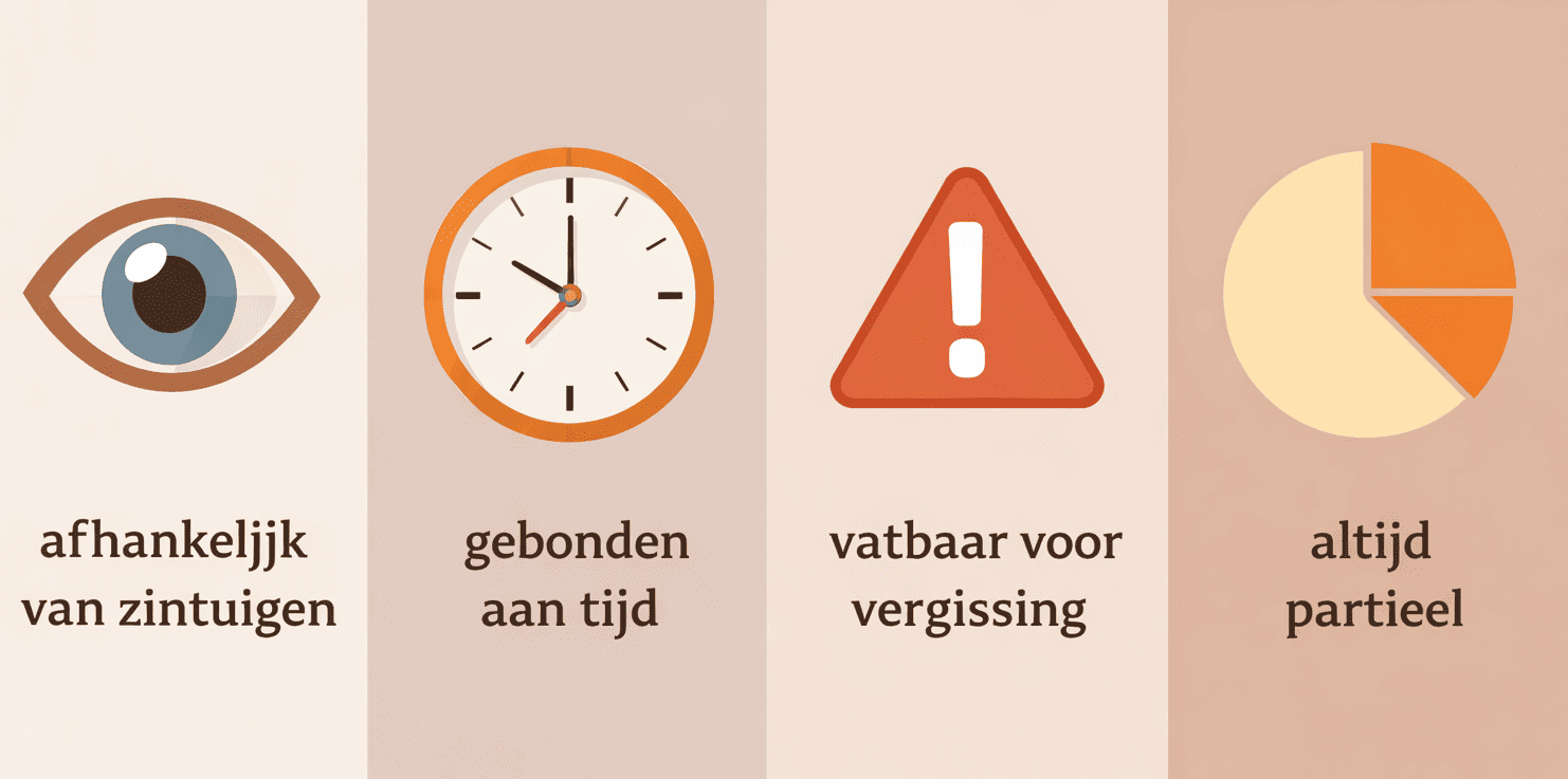Infographic met vier pictogrammen die de grenzen van menselijke kennis tonen: oog, klok, waarschuwingssymbool en cirkeldiagram.