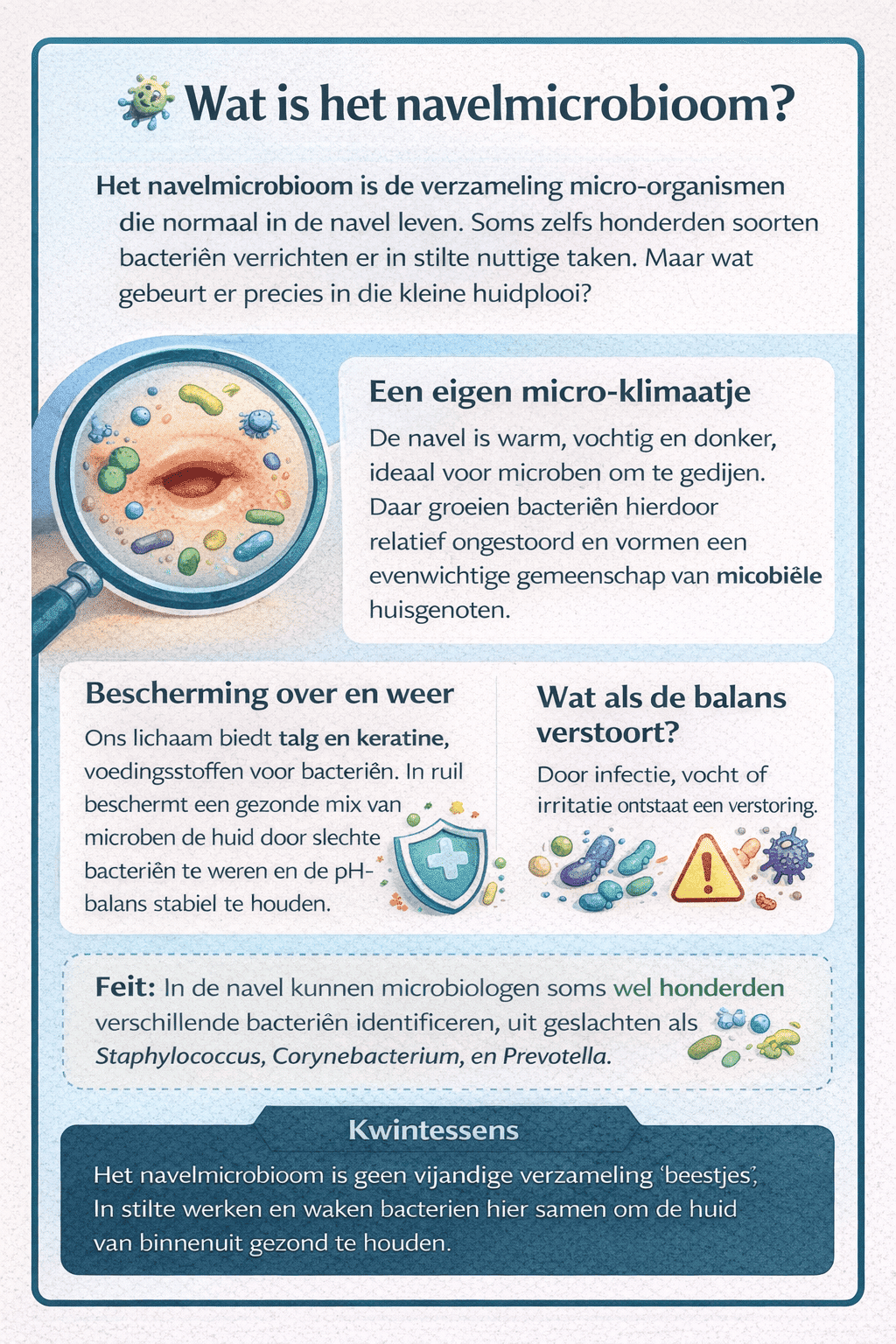 Infographic over het navelmicrobioom met uitleg over bacteriën in de navel, het warme microklimaat, bescherming van de huid en wat er gebeurt als de balans verstoord raakt