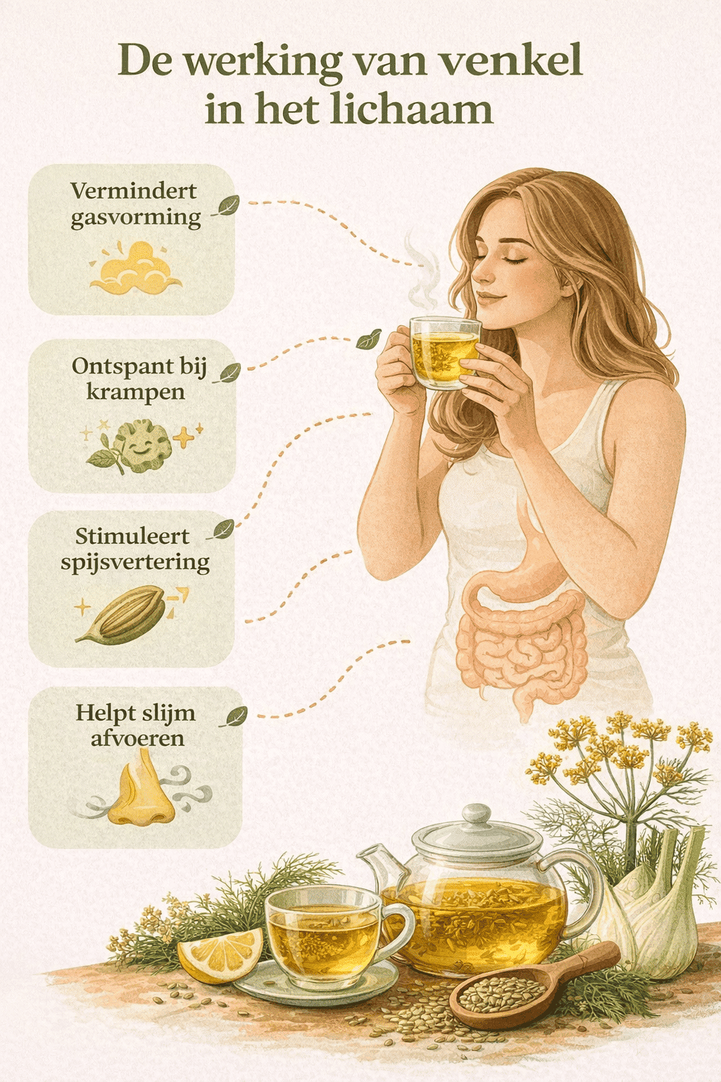 Infographic over de werking van venkel in het lichaam met venkelthee en symbolische pictogrammen