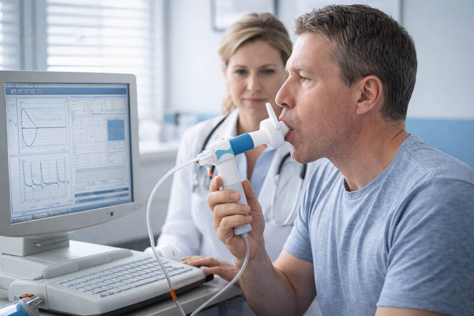 Man ondergaat longfunctieonderzoek bij arts en blaast in spirometer terwijl longwaarden op computerscherm zichtbaar zijn.