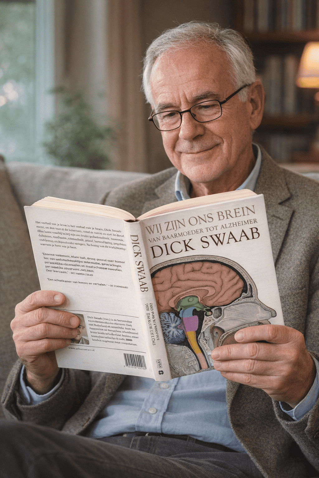 Man van rond de 60 jaar zit op een bank en leest het boek Wij zijn ons brein van Dick Swaab, waarbij zowel de voor- als achterkant van het boek zichtbaar zijn.