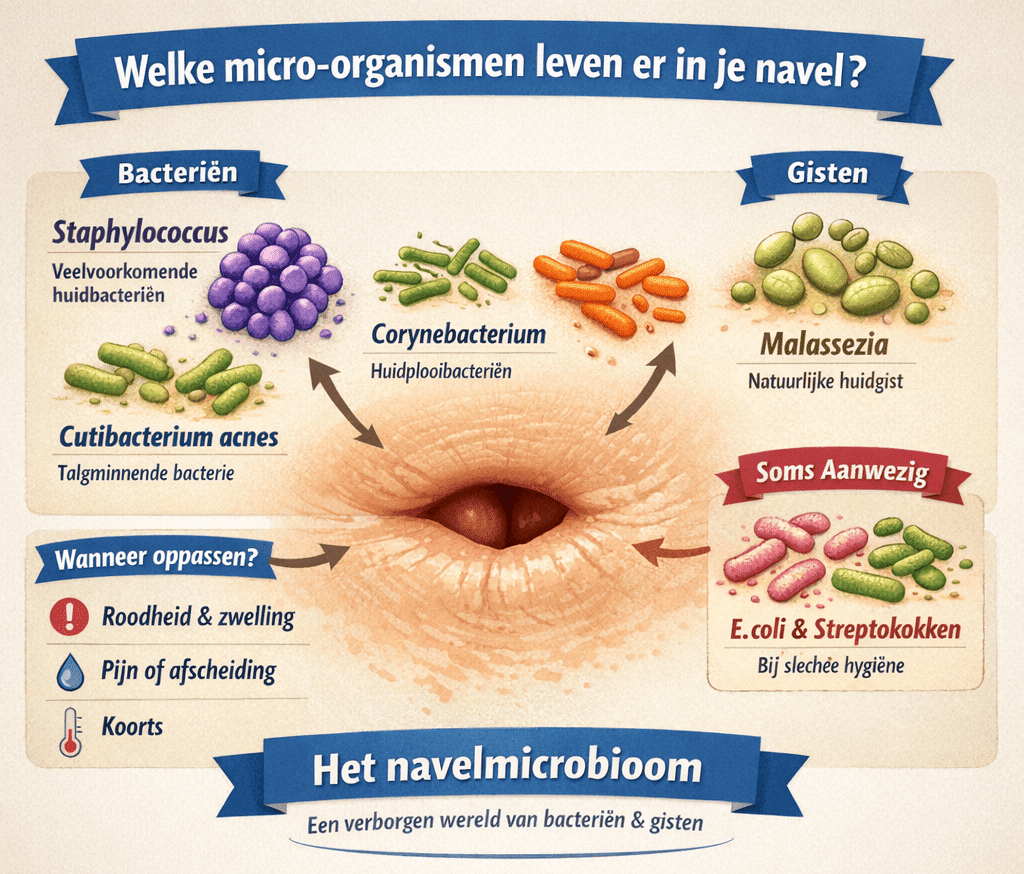 Infographic over het navelmicrobioom met illustraties van bacteriën zoals Staphylococcus, Corynebacterium en Cutibacterium acnes, de gist Malassezia en waarschuwingssignalen van een navelontsteking.