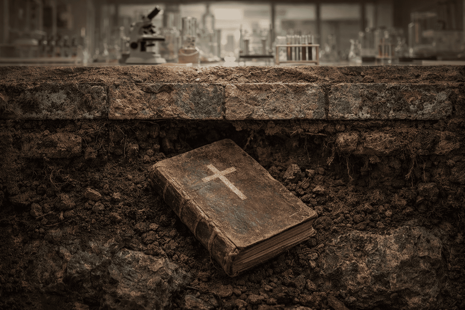 Een oude, versleten bijbel ligt begraven in de fundering onder een modern laboratorium, als symbool voor de vergeten trinitarische oorsprong van orde, rationaliteit en kenbaarheid in de wetenschap.