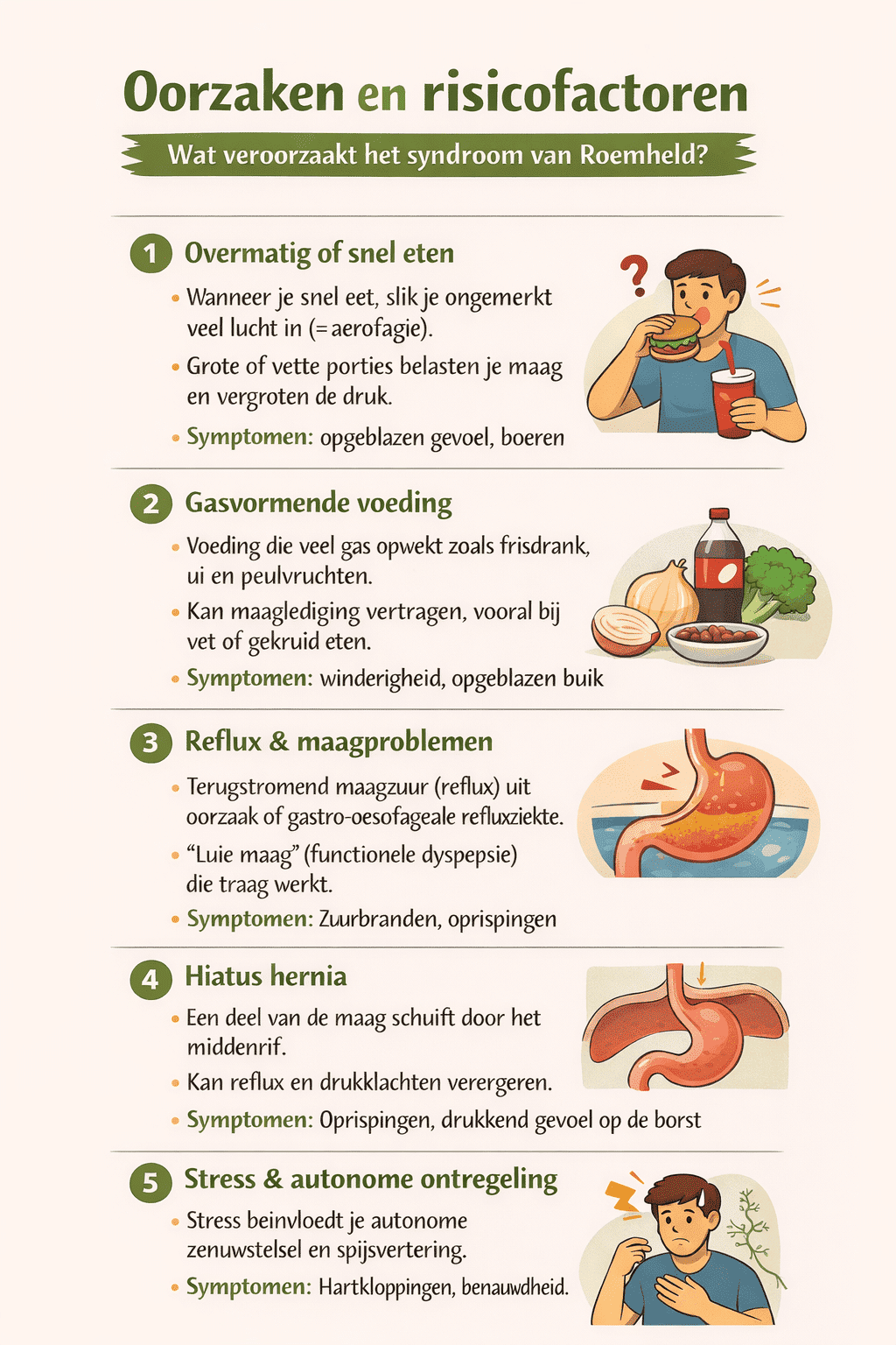 Infographic over oorzaken en risicofactoren van het syndroom van Roemheld, waaronder snel eten, gasvormende voeding, reflux, hiatus hernia en stress.