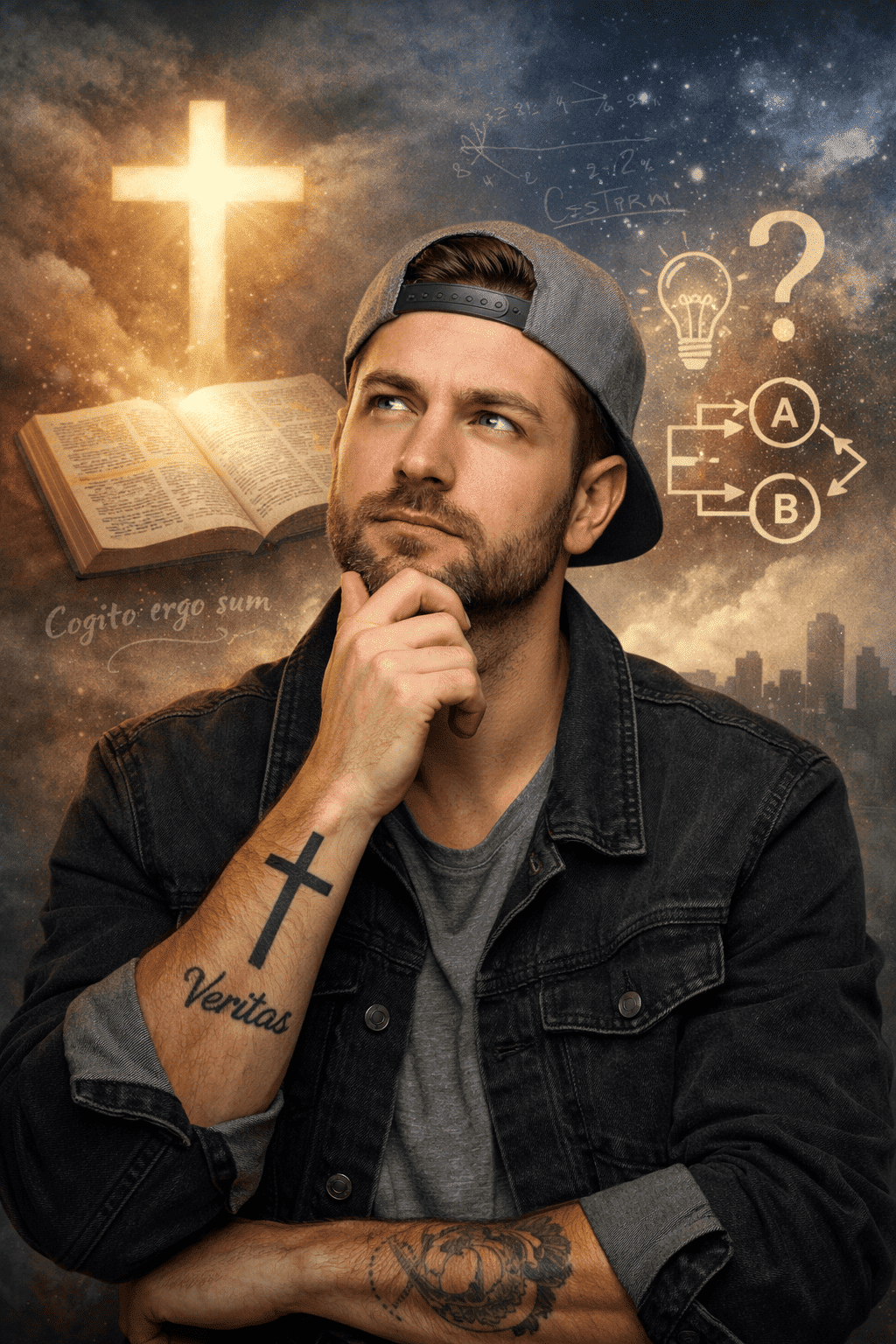 Denkende jonge man met tattoo en kruis op onderarm, met open Bijbel en lichtend kruis op achtergrond als symbool van geloof en wereldbeeld
