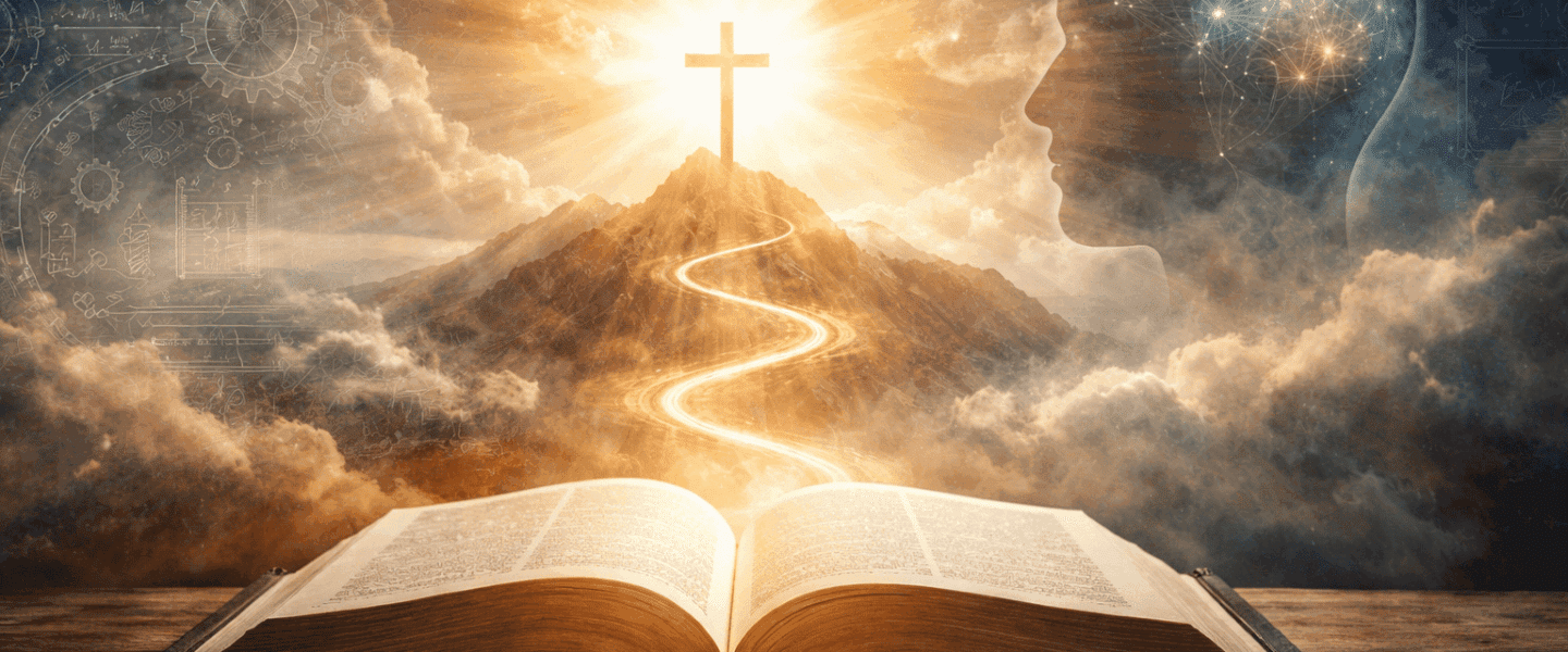 Open Bijbel op houten tafel met verlichte weg naar kruis op bergtop en silhouet van menselijk hoofd met netwerk van gedachten in de lucht