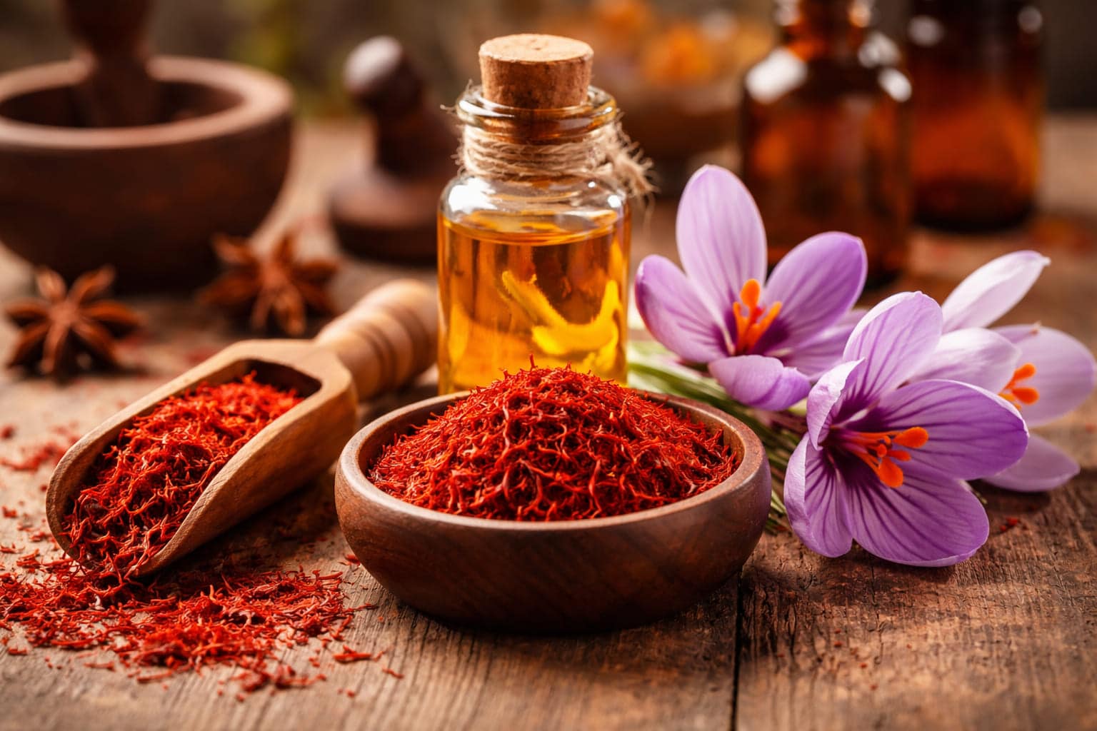 Saffraan met rode draadjes, crocusbloemen en saffraanextract op houten ondergrond