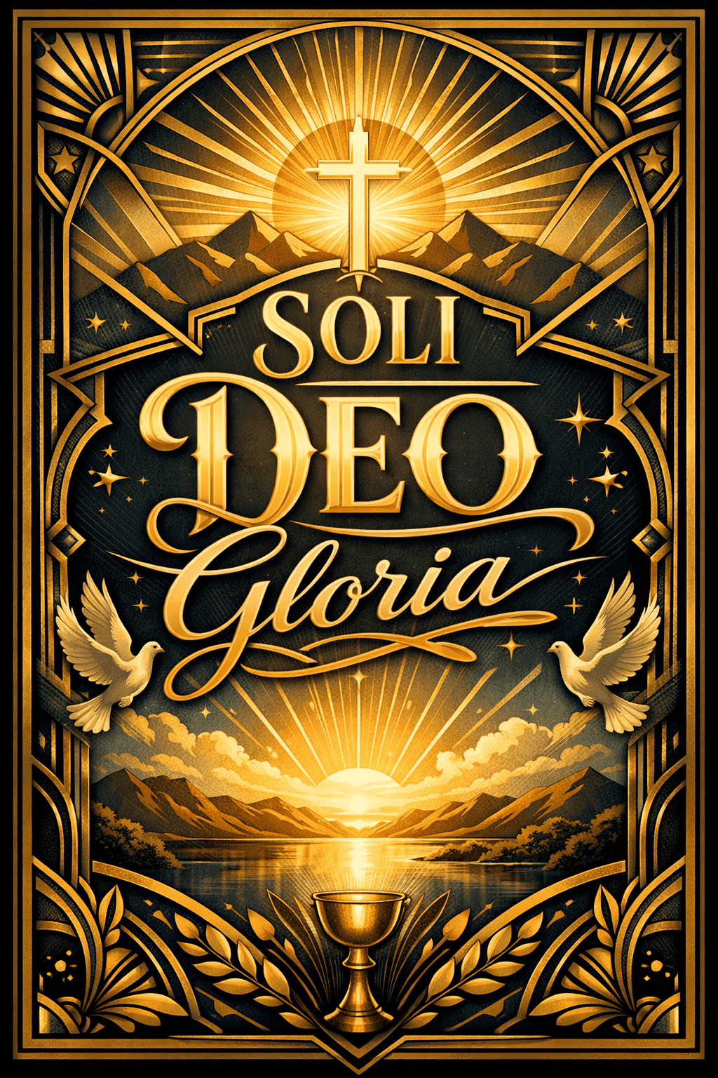 Art-deco illustratie met gouden letters “Soli Deo Gloria”, centraal kruis met stralenkrans, bergen en zonsopgang boven water, duiven en avondmaalsbeker in symmetrisch geometrisch kader.