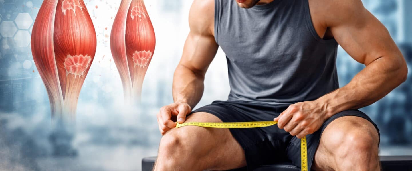 Man meet de omtrek van zijn dijbeen om spierverlies te controleren, met op de achtergrond een medische illustratie van gezonde en verschrompelde spiervezels.