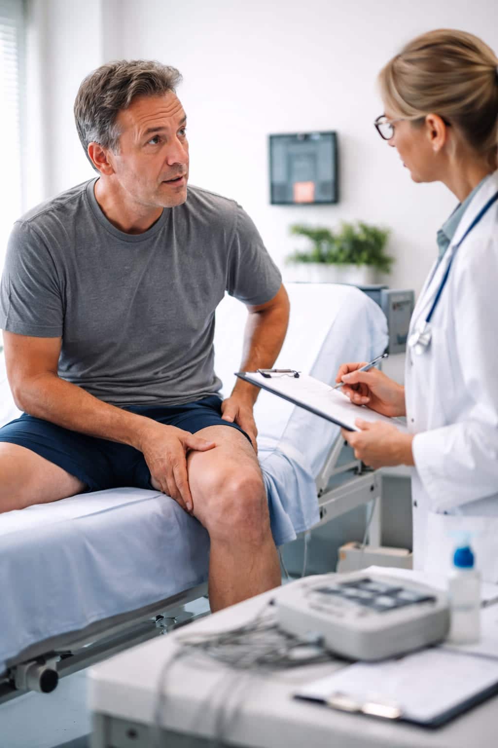 Man met mogelijk spierverlies in gesprek met arts tijdens lichamelijk onderzoek in een spreekkamer.