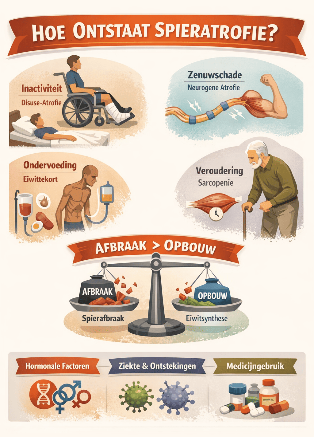 Infographic over het ontstaan van spieratrofie met weegschaal tussen spierafbraak en eiwitsynthese en illustraties van inactiviteit, zenuwschade, ondervoeding, veroudering, hormonale factoren, ziekte en medicatie