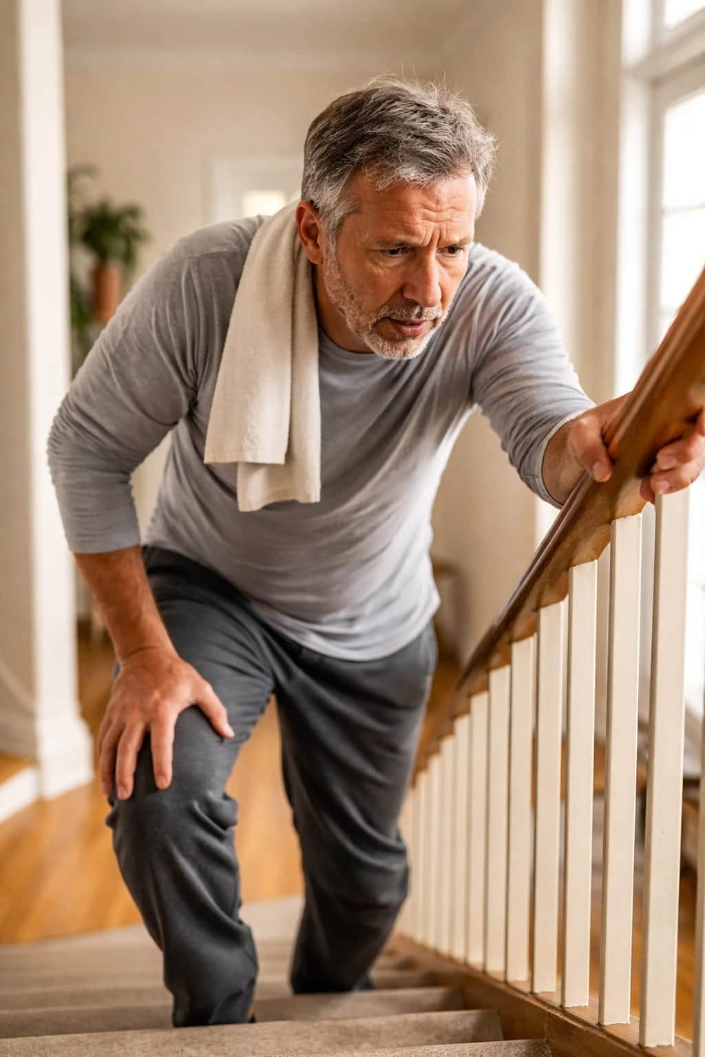 Man die na ziekte zichtbaar vermoeid de trap oploopt en zich vasthoudt aan de leuning, illustratie van tijdelijke spierzwakte na bedrust