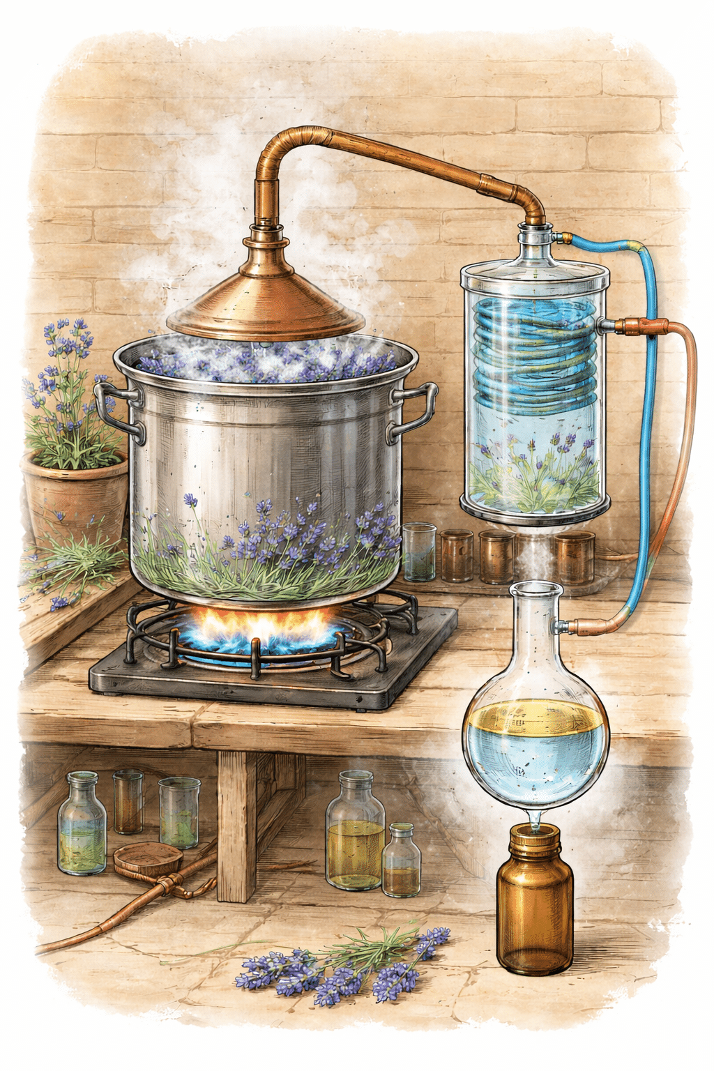 Illustratie van stoomdestillatie waarbij plantenmateriaal wordt verhit, waterdamp via leidingen condenseert en etherische olie zich scheidt van hydrolaat.