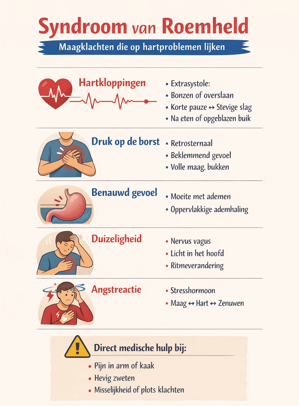 Infographic over het syndroom van Roemheld met symptomen zoals hartkloppingen, druk op de borst, benauwdheid, duizeligheid en angstreactie, inclusief waarschuwingssignalen voor medische hulp.