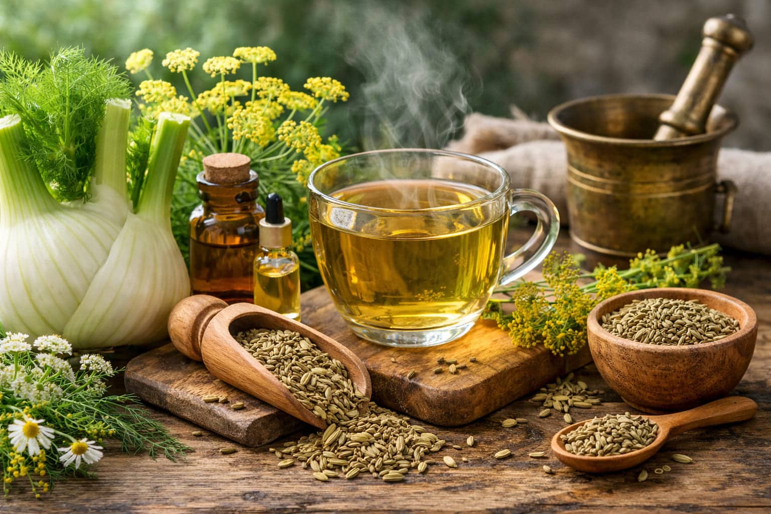 Venkel als geneeskruid met verse knollen, venkelzaad, dampende venkelthee en olie op een houten tafel