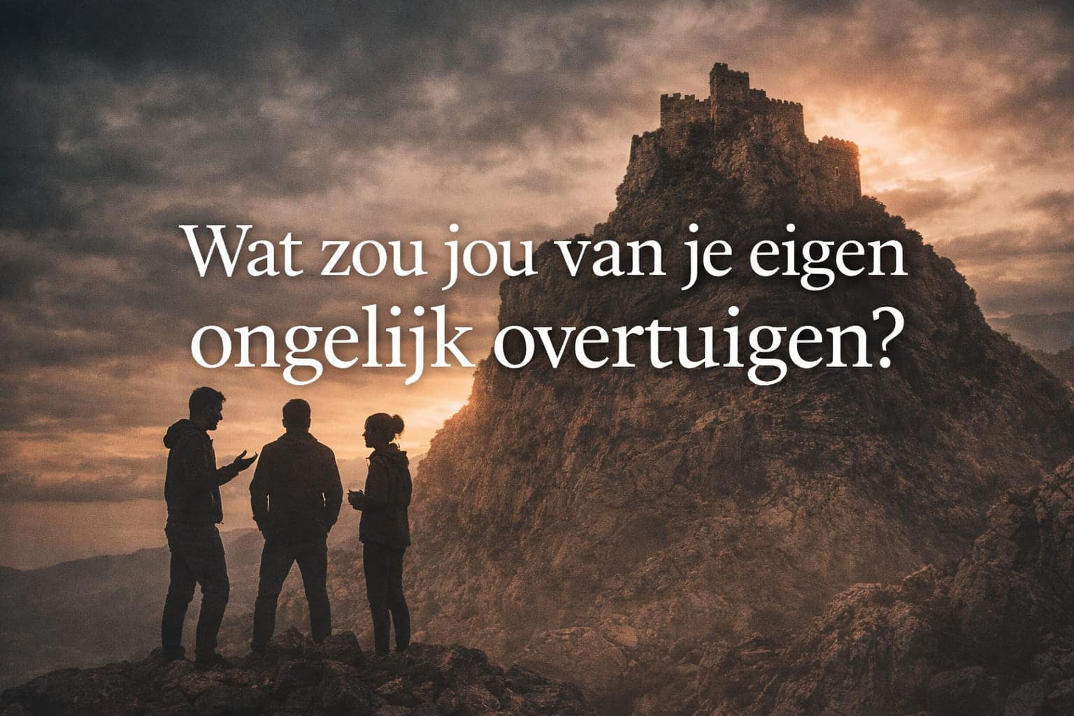 Brede headerafbeelding met middeleeuws fort op rots bij zonsondergang en de tekst “Wat zou jou van je eigen ongelijk overtuigen?” in grote witte letters.