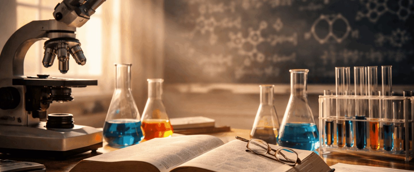 Open Bijbel op een houten tafel in een universiteitslaboratorium met microscoop en reageerbuizen op de achtergrond